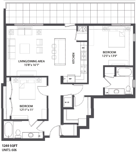 Floor plan for 2 beds, 2 baths, 1240 sqft